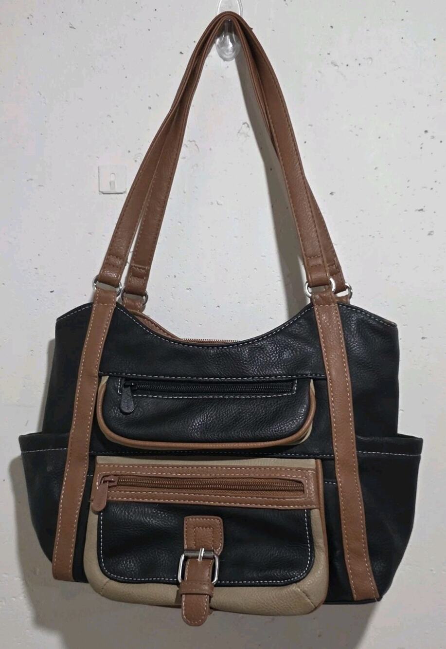 MultiSac Black Brown Faux Leather Shoulder Tote Purse Multi Pocket Organizer